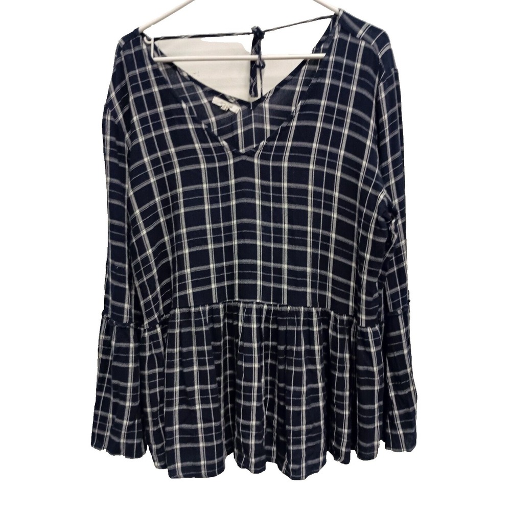 Maurices BOHO Top Womens Size 2XL Blue White Plaid Bell Sleeve Peplum Casual